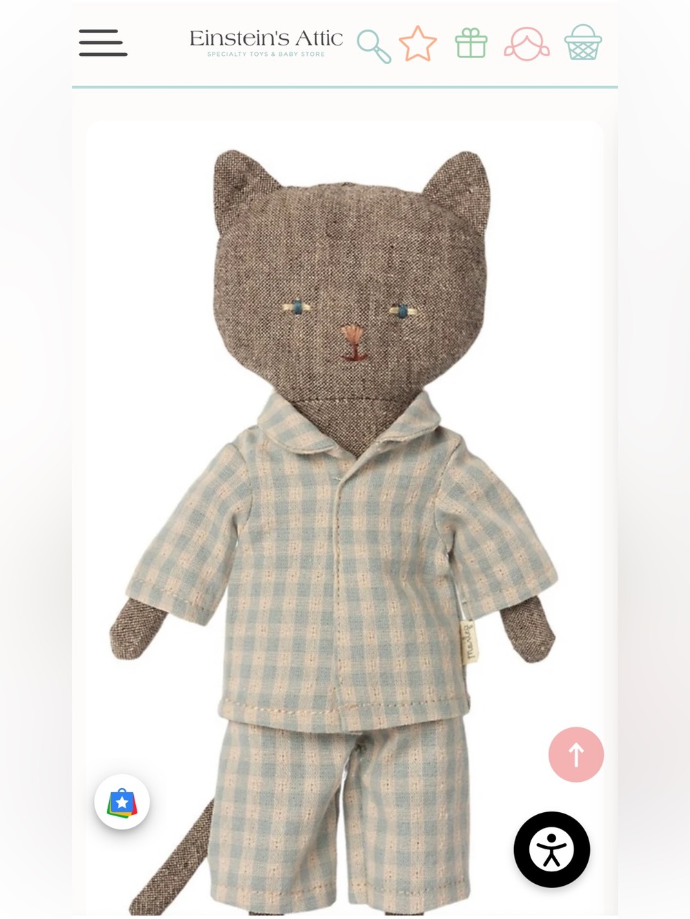 Maileg Chatons Kittens- Cat Plush in Blue-Check Pajamas! Like new!